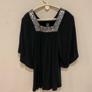 Forever 21 Flowy Blouse Square Sequin Neckline Flutter Sleeves Black Women’s Med